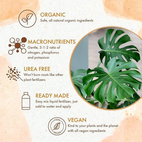 The Grow Co Monstera Food label closeup highlights safe, natural ingredients for tropical leaves.