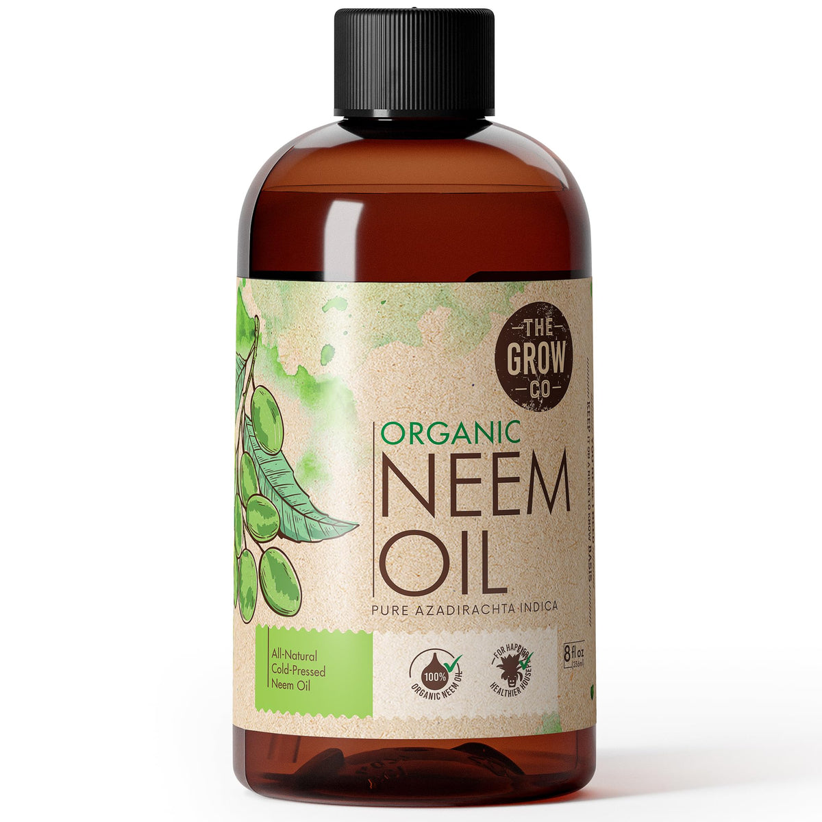 The Grow Co Neem Oil bottle pour shows pure concentrate for organic plant care