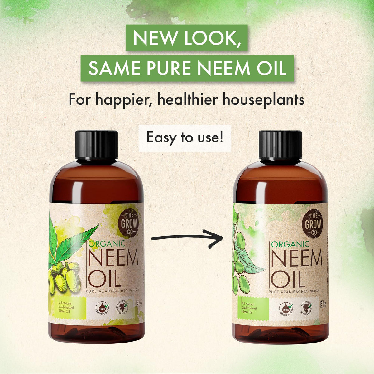The Grow Co Neem Oil label closeup highlights purity for eco-friendly garden uses
