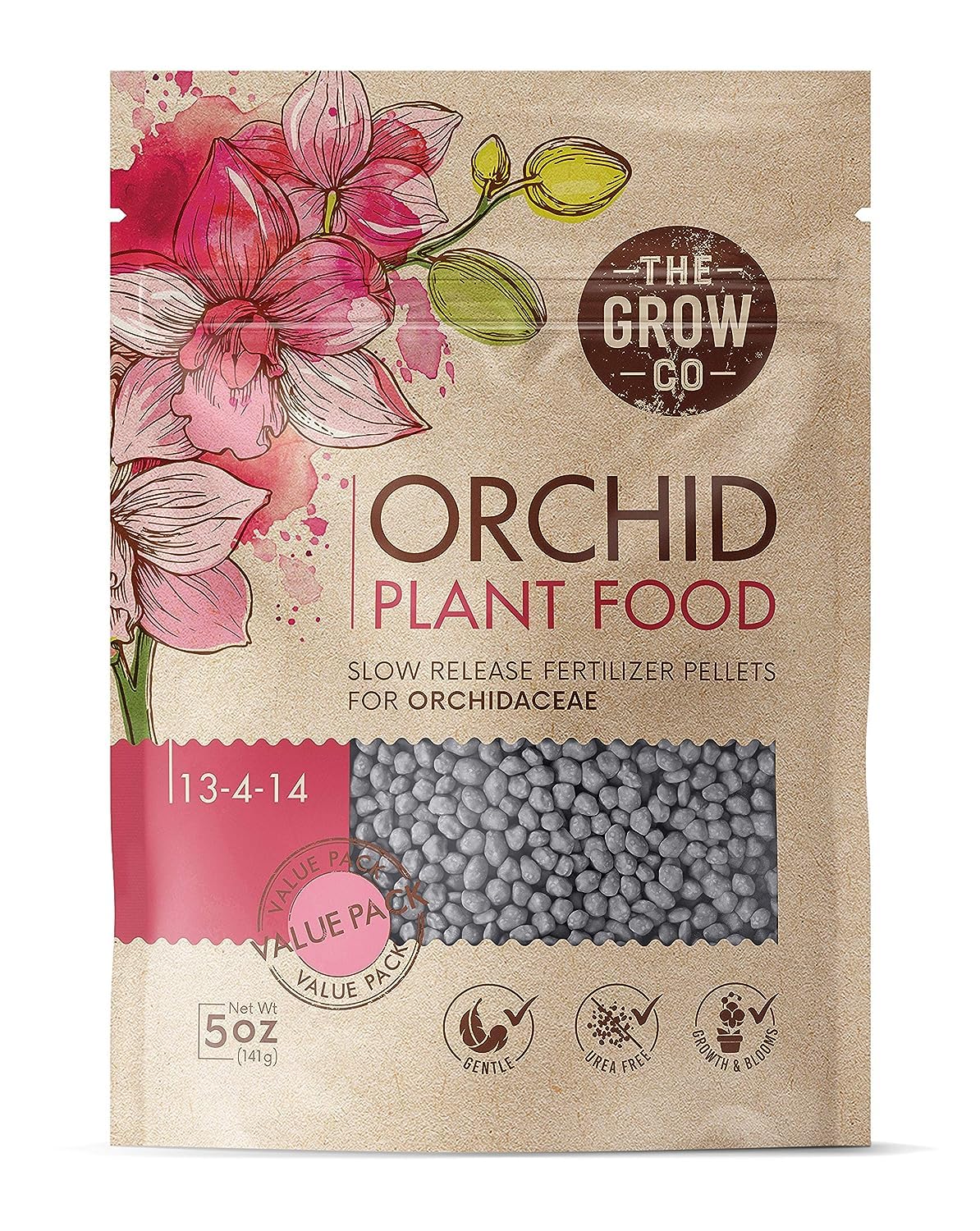 The Grow Co Orchid Food pouch close-up shows slow-release pellets for steady nourishment.