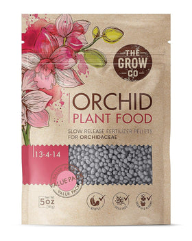 The Grow Co Orchid Food pouch close-up shows slow-release pellets for steady nourishment.