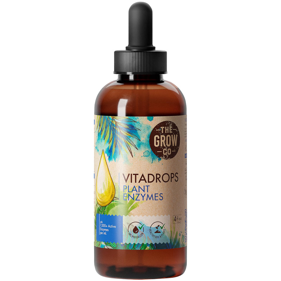 The Grow Co Plant Enzymes bottle label highlights 7,000+ enzymes for nourished indoor and outdoor plants.