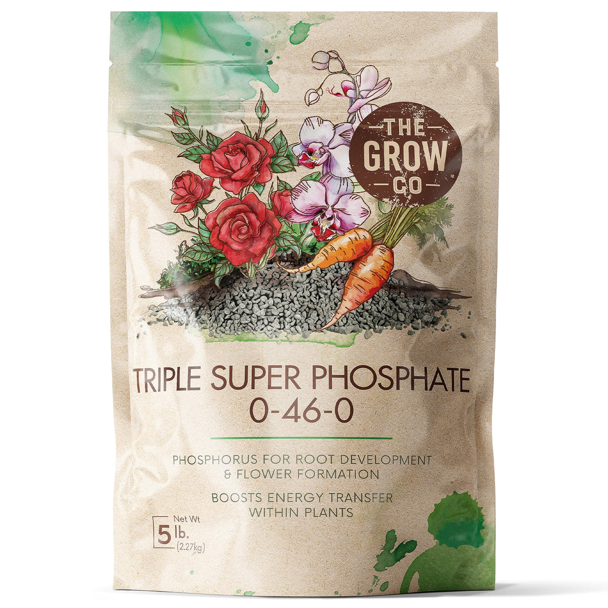 The Grow Co Triple Super Phosphate 0-46-0 bag enhances soil phosphorus for stronger root systems.