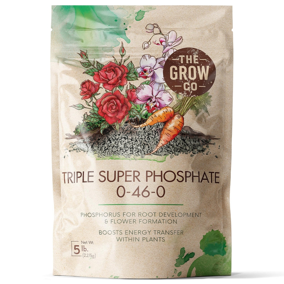 The Grow Co Triple Super Phosphate 0-46-0 bag enhances soil phosphorus for stronger root systems.