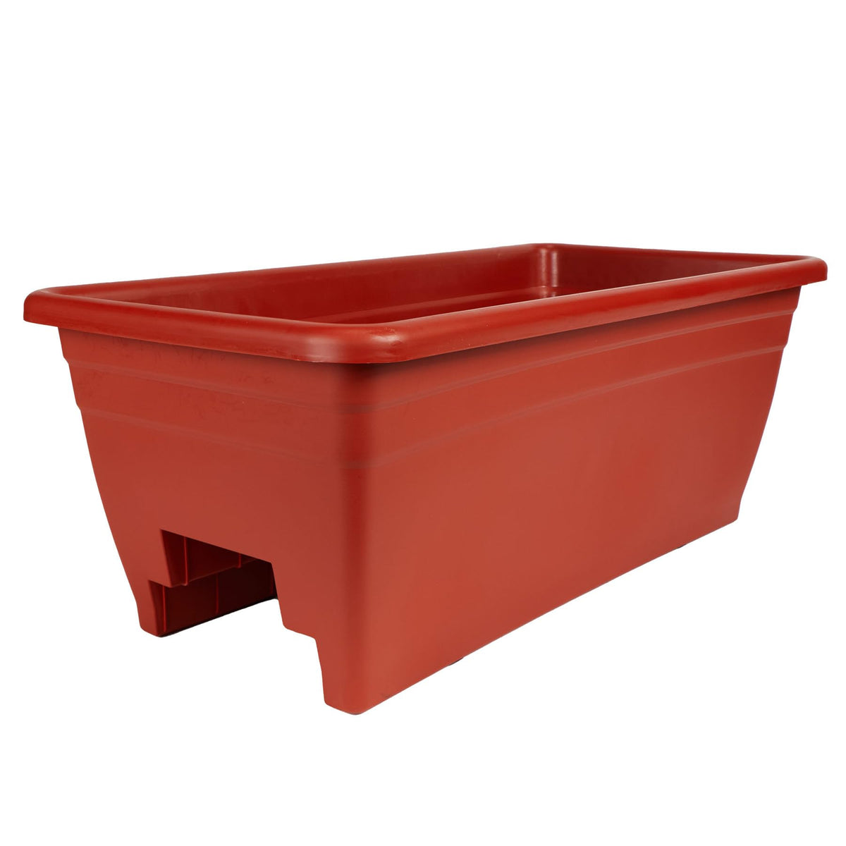 The HC Companies 24-inch deck rail planter on a deck rail, ideal for flowers on a patio.