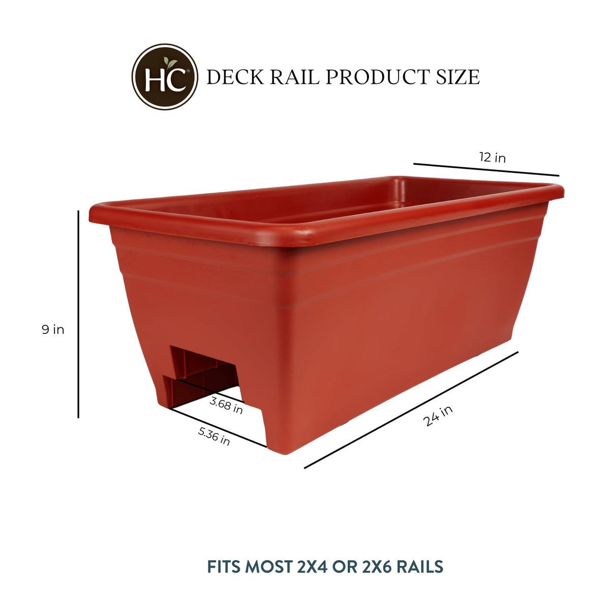 Mounted on a wood deck rail, The HC Companies planter complements outdoor decor.