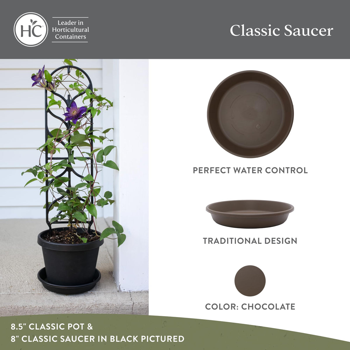 The HC Companies UV-resistant plastic saucer guards pots against sun damage.