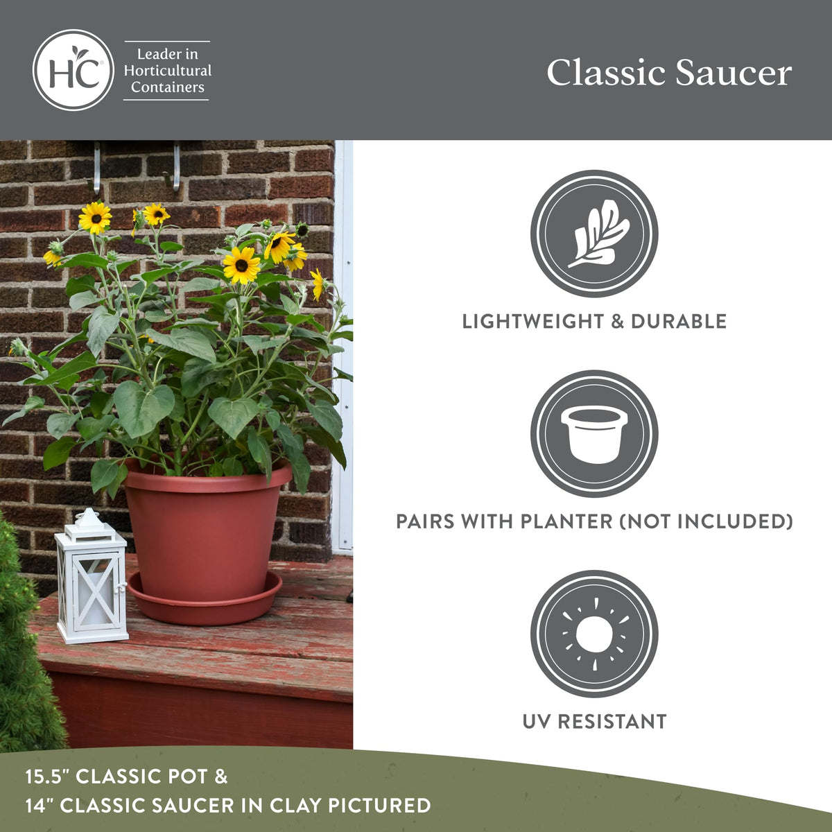 The HC Companies 16x16x3-inch plastic saucer resists cracking and fading outdoors.
