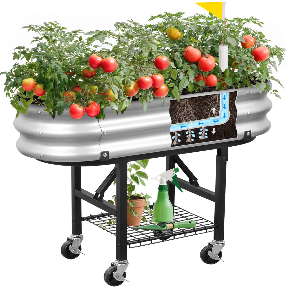 The Home Cult self-watering raised bed with legs and wheels supports deep root growth.
