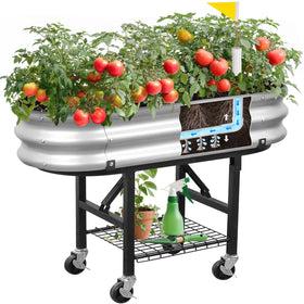 The Home Cult self-watering raised bed with legs and wheels supports deep root growth.