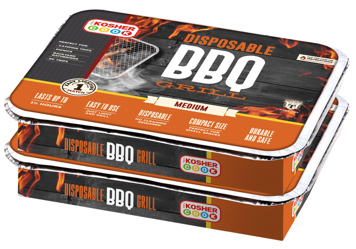 The Kosher Cook disposable grill, ready to use for quick backyard meals.