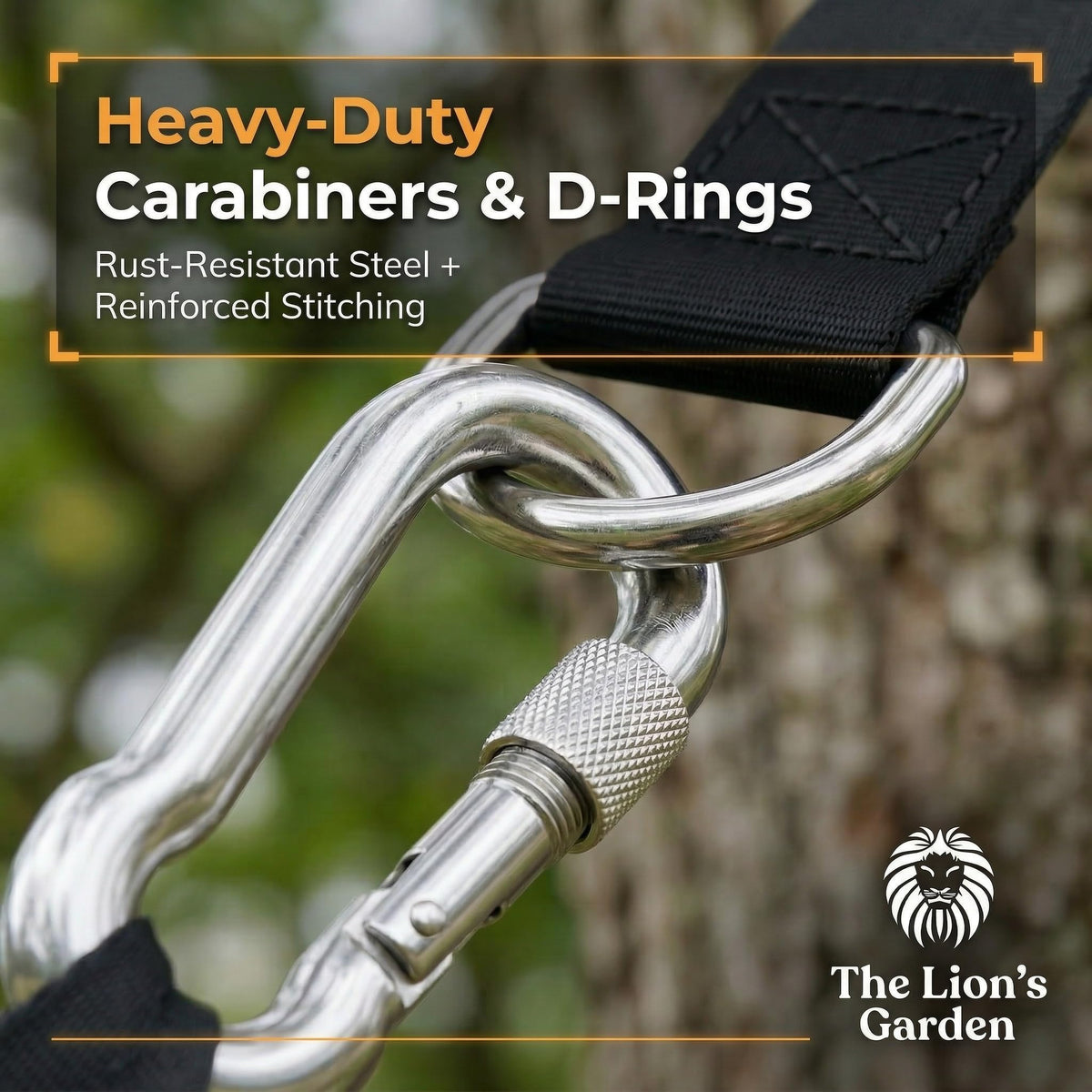The Lion’s Garden heavy-duty straps with carabiners enable quick hammock or swing installation.