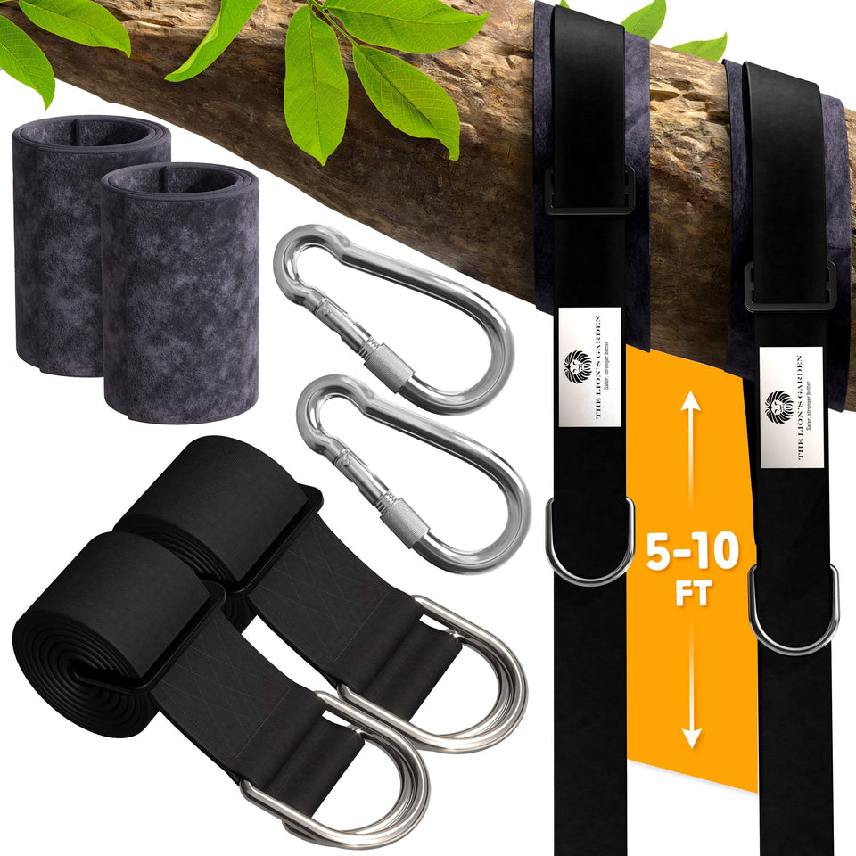 The Lion’s Garden tree swing straps 2-pack secured on a branch for stable outdoor setup.