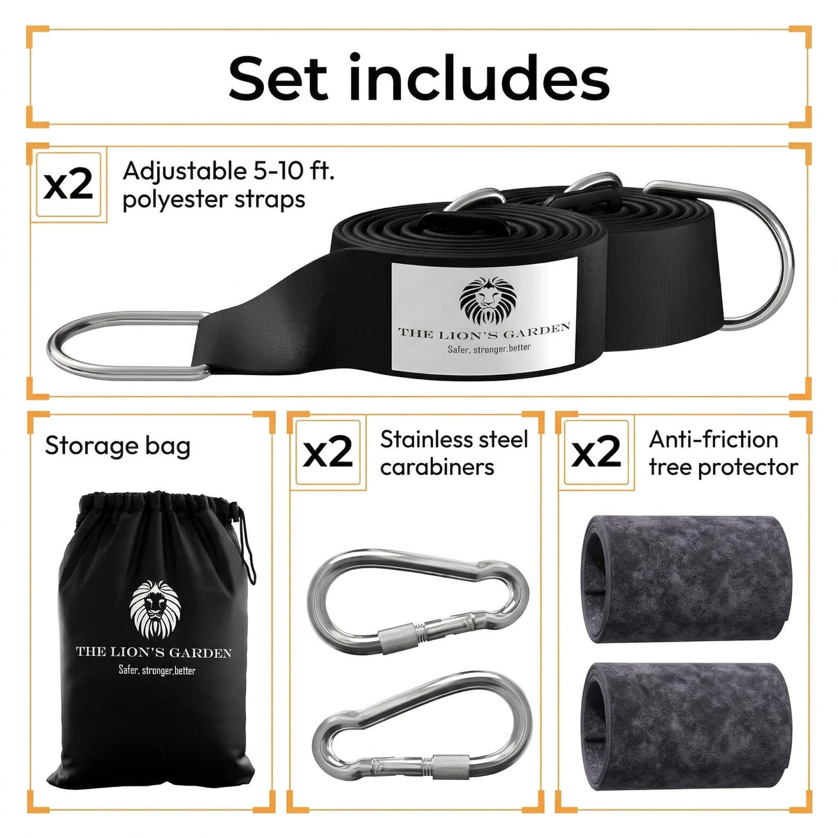 The Lion’s Garden wide bark-protecting straps in a backyard swing setup.