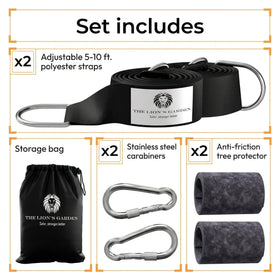 The Lion’s Garden wide bark-protecting straps in a backyard swing setup.