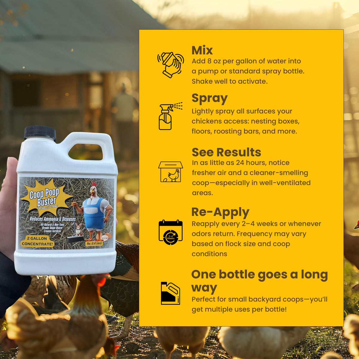 Coop Poop Buster spray application shows quick, even coating on surfaces