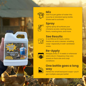 Coop Poop Buster spray application shows quick, even coating on surfaces