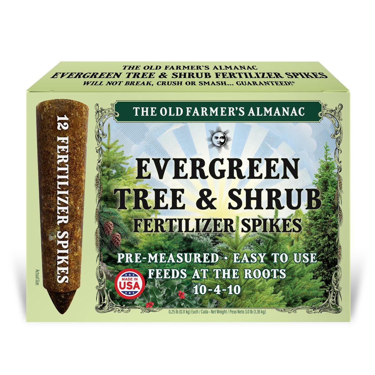 The Old Farmer's Almanac Evergreen Spikes hammered into soil for direct root feeding.