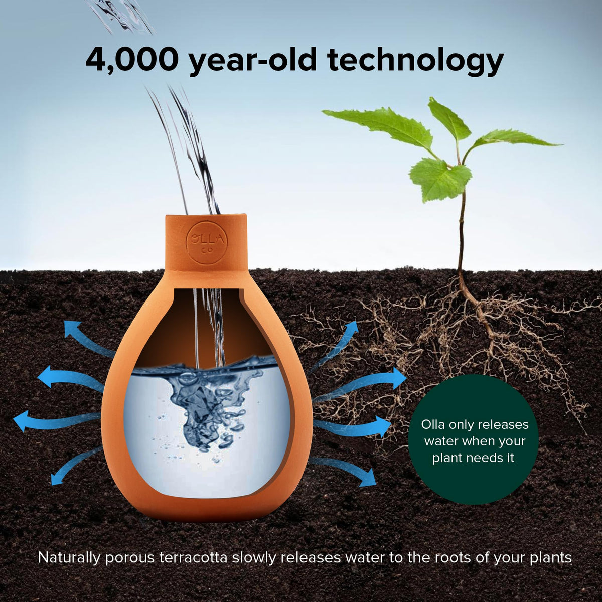 The Olla Company works with inverted bottle for extended irrigation.