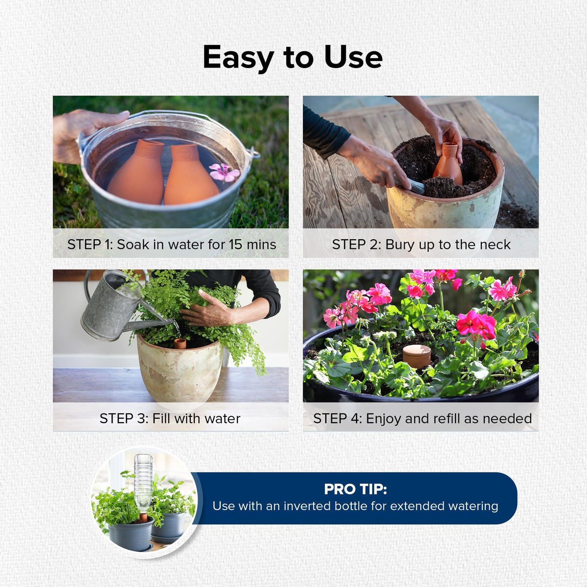 The Olla Company inverted bottle extension supports extended watering between fills.