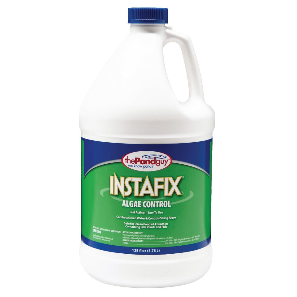 The Pond Guy InstaFix bottle being poured to curb edge algae growth in a pond.