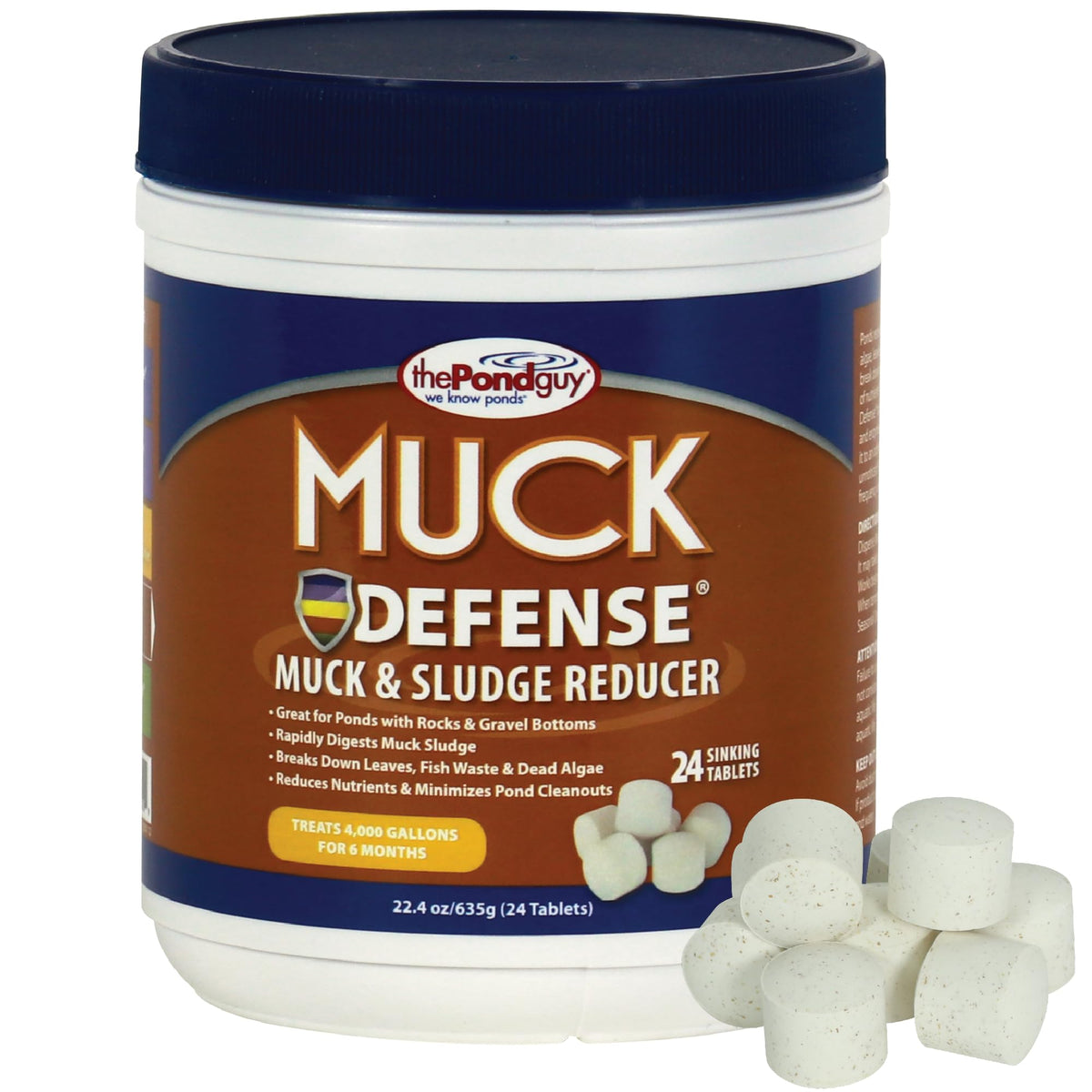 The Pond Guy Muck Defense tablets digest bottom muck for clearer pond water.