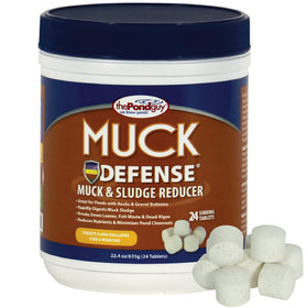 The Pond Guy Muck Defense tablets digest bottom muck for clearer pond water.
