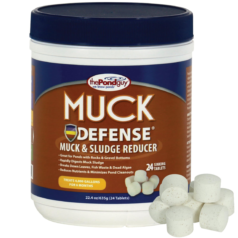 The Pond Guy Muck Defense tablets digest bottom muck for clearer pond water.