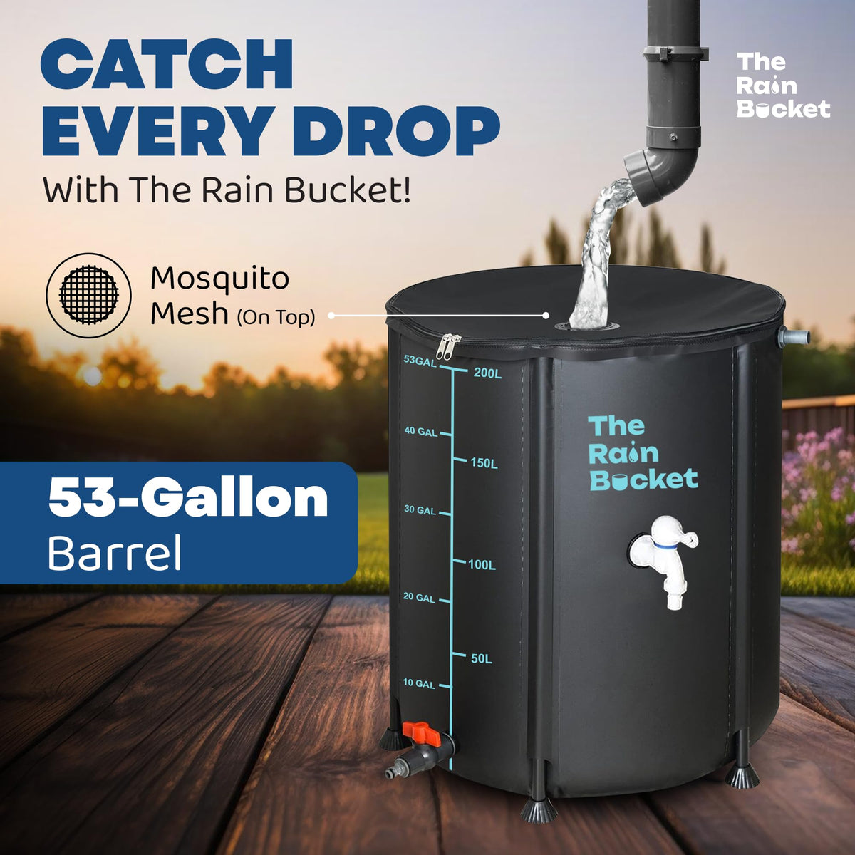 The Rain Bucket barrel spigot area enables easy hose connection for irrigation.
