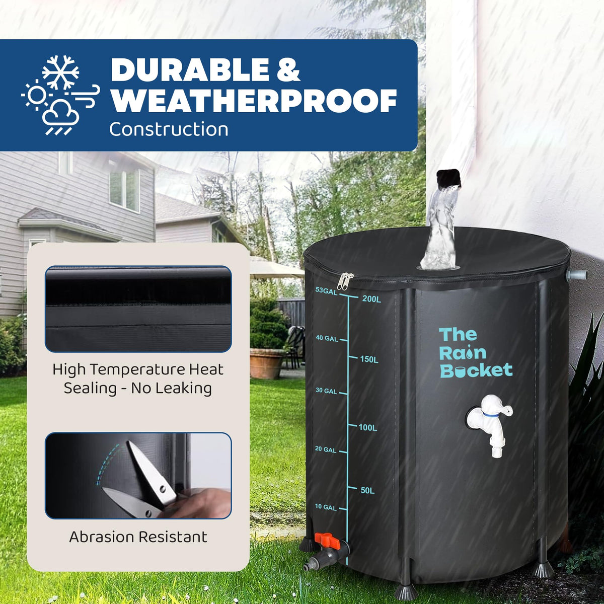 The Rain Bucket collapsible design makes it portable and space-saving for patios.