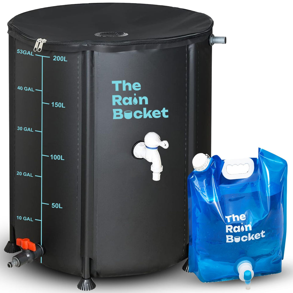 The Rain Bucket collapsible rain barrel 53-gallon capacity for garden irrigation.