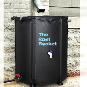 The Rain Bucket 53-gallon rain barrel supports sustainable garden watering and outdoor cleanup.