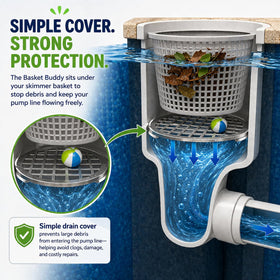 The Skimmie Basket Buddy grate blocks animals and toys from entering pool equipment.