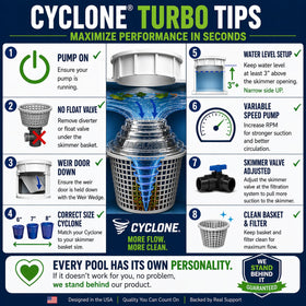 The Skimmie Cyclone patented design channels water for debris removal
