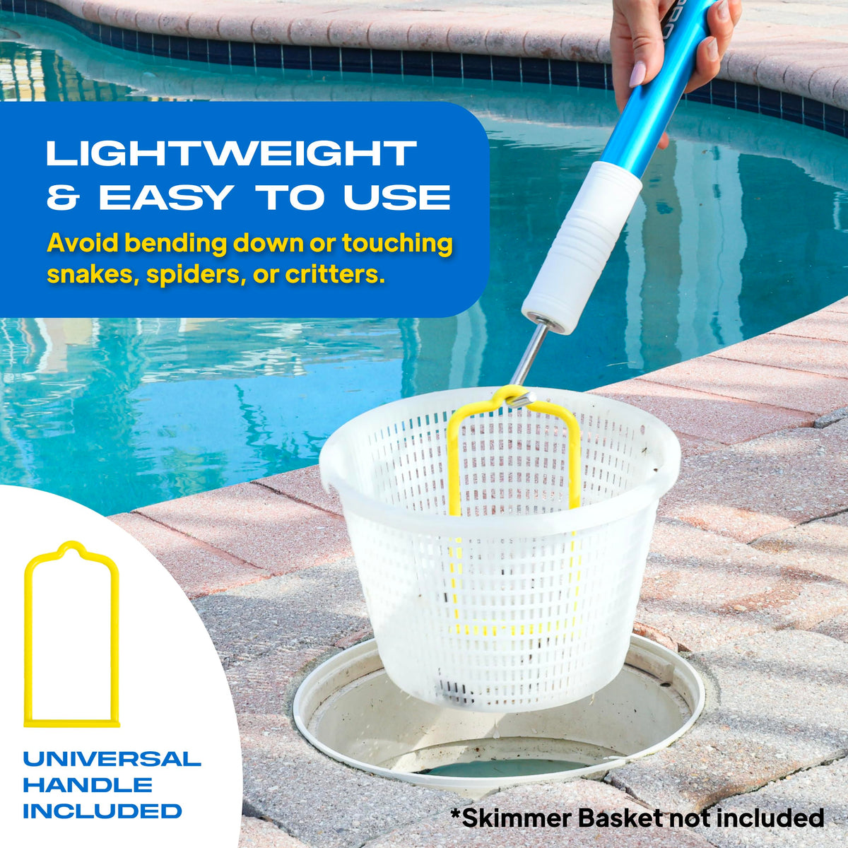 The Skimmie Pro extended reach skims deep skimmer wells.