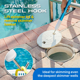The Skimmie Pro stainless steel hook design enables easy basket removal.