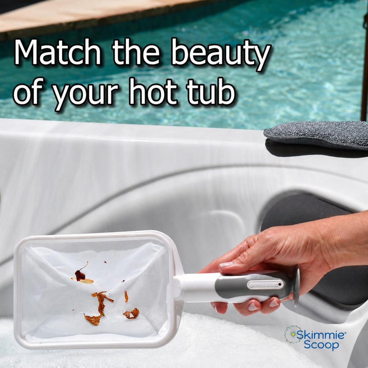 The Skimmie Scoop compact-handle fits inside spa filter compartments.