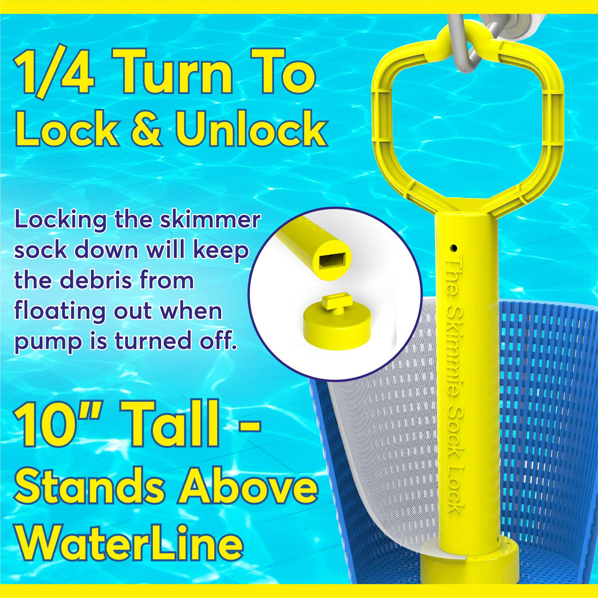 The Skimmie Sock Lock captures debris, keeping the pool area tidier.