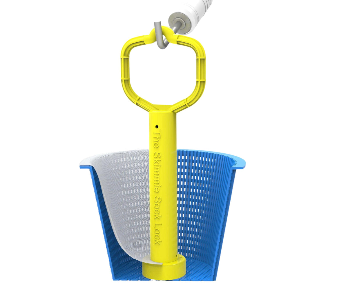 The Skimmie Sock Lock with removable handle secures skimmer socks for easy cleaning.