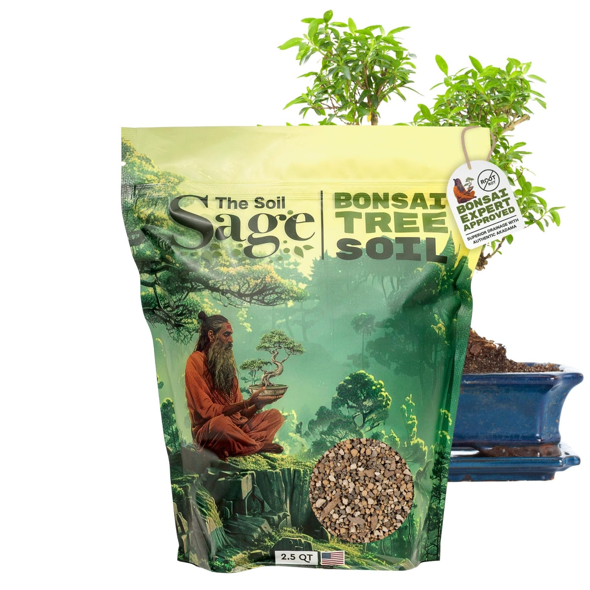 The Soil Sage bonsai mix bag front—USA-made and ready to use for immediate bonsai planting.