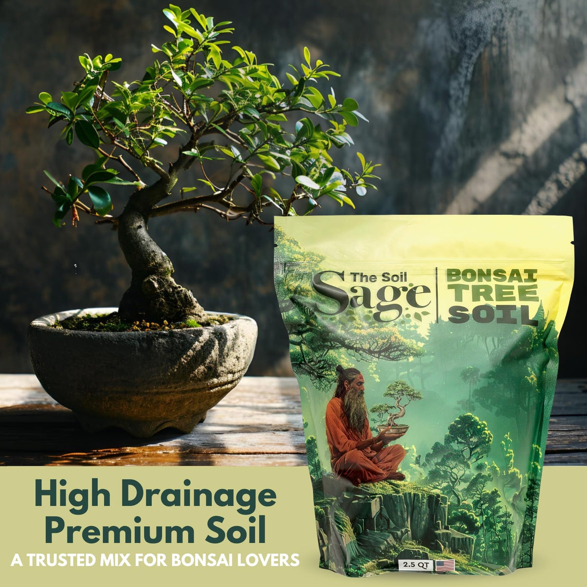 The Soil Sage bonsai mix texture closeup shows gritty material for drainage.