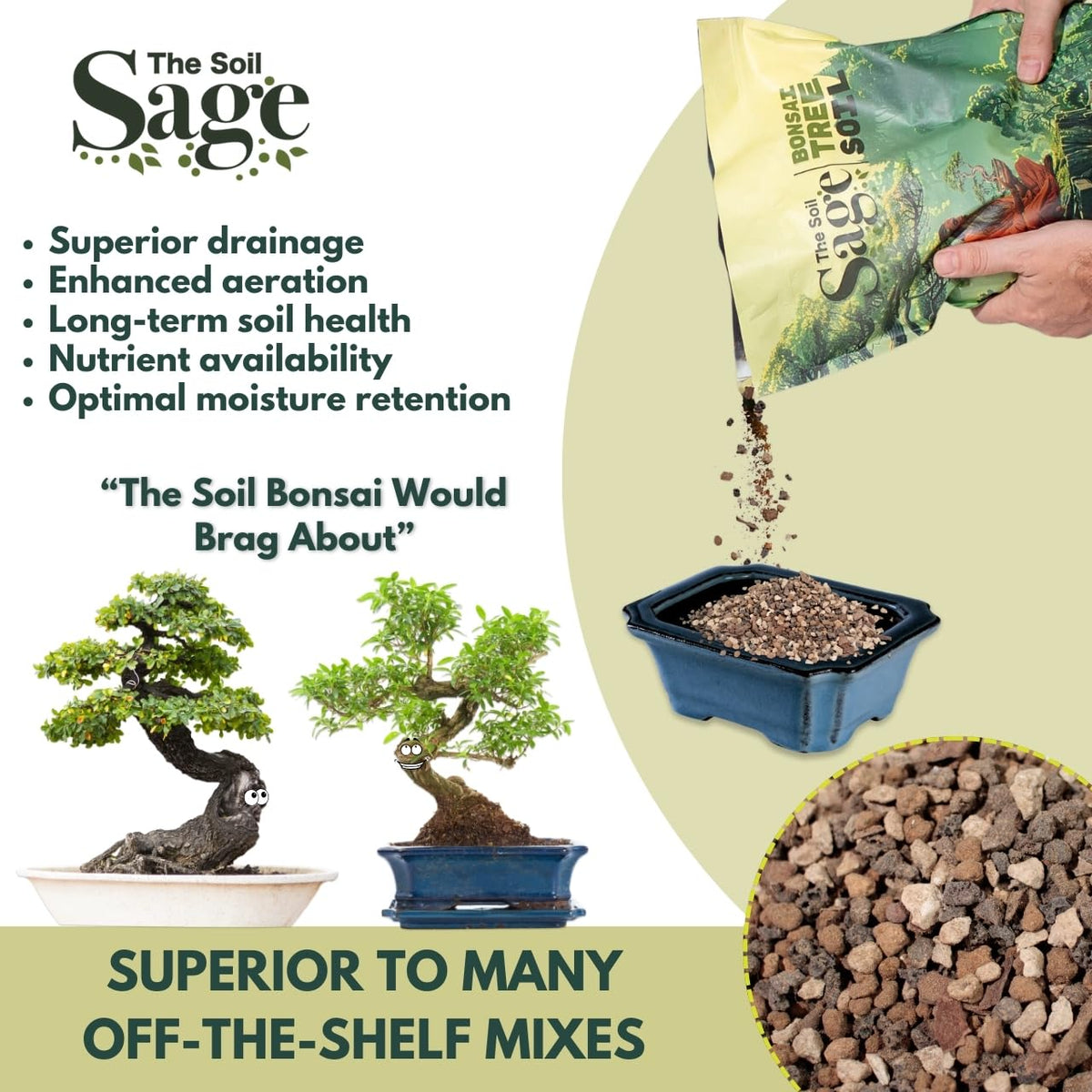 The Soil Sage bonsai root health closeup shows long-lasting soil structure.