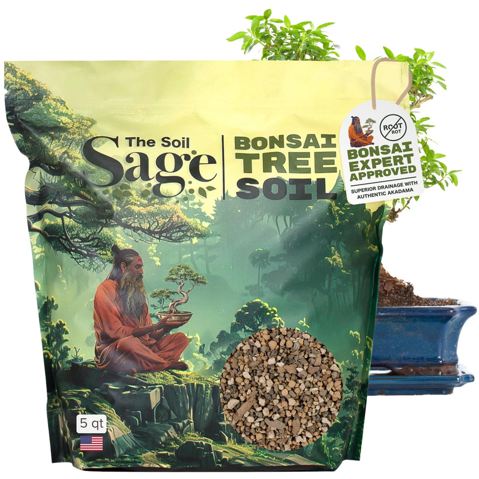 The Soil Sage premium bonsai mix highlights a balanced blend for strong root growth.