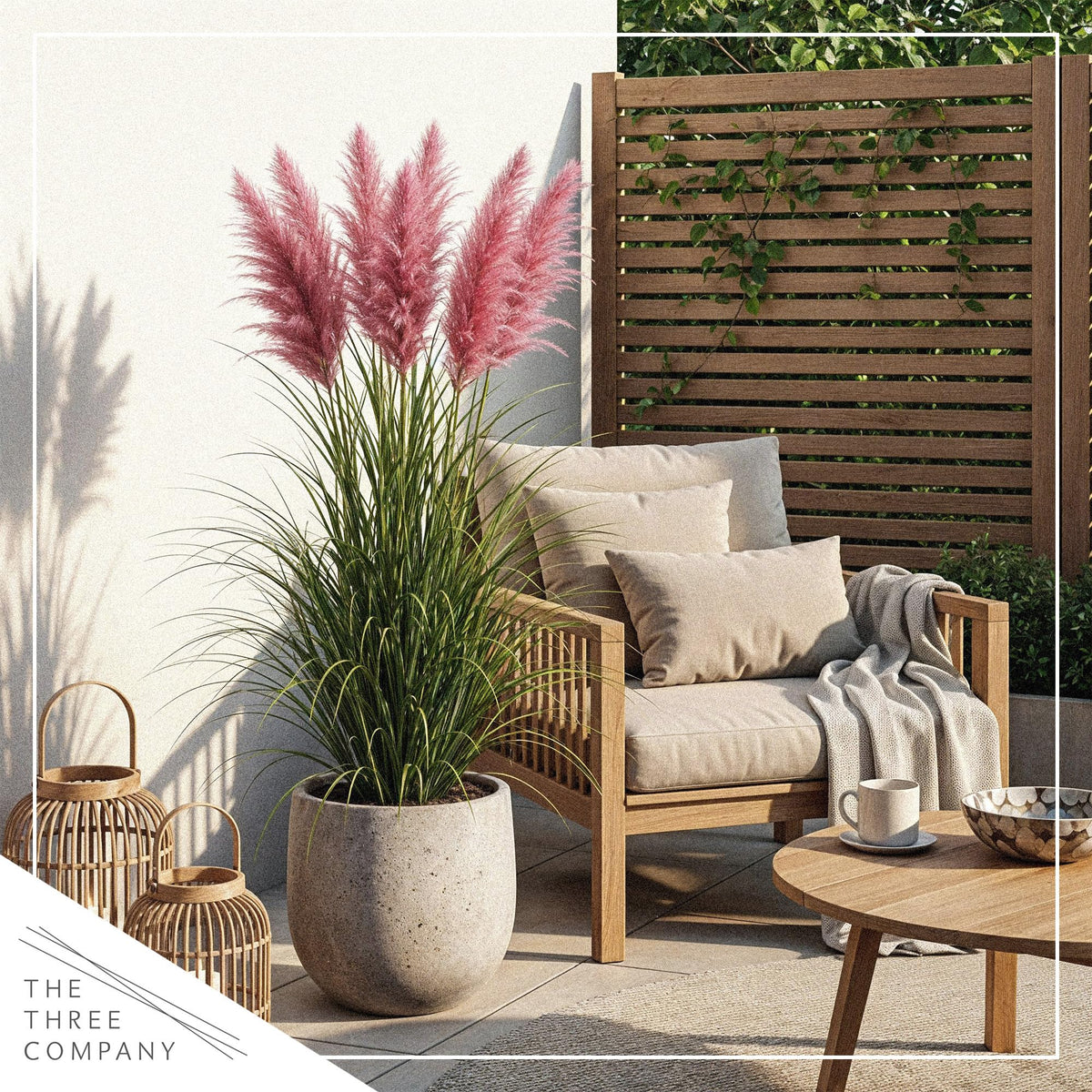 The Three Company pampas grass pink plume sways in breeze adding movement.