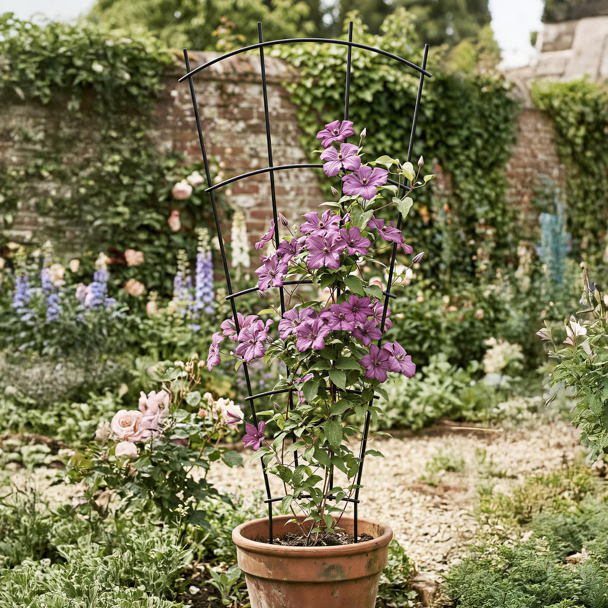 Thealyn black powder-coated trellis adds a sleek, durable garden detail.