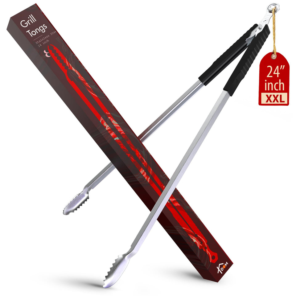 TheDOM 24-inch BBQ Tongs in full-length view for safe grill reach