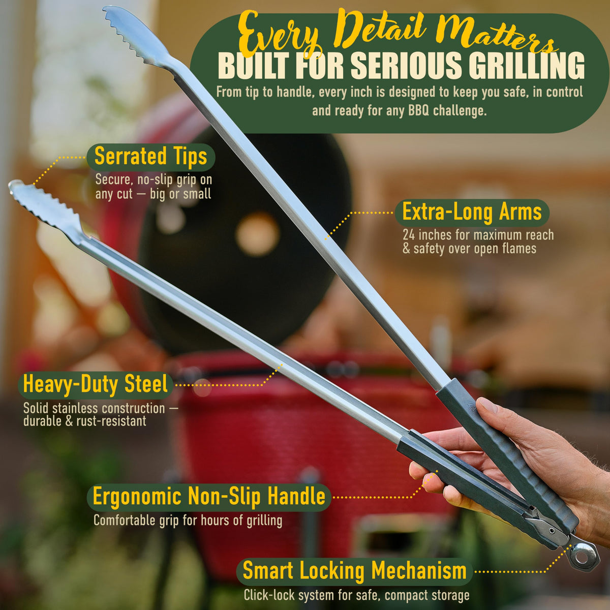 TheDOM 24-inch BBQ Tongs locking mechanism close-up for secure storage