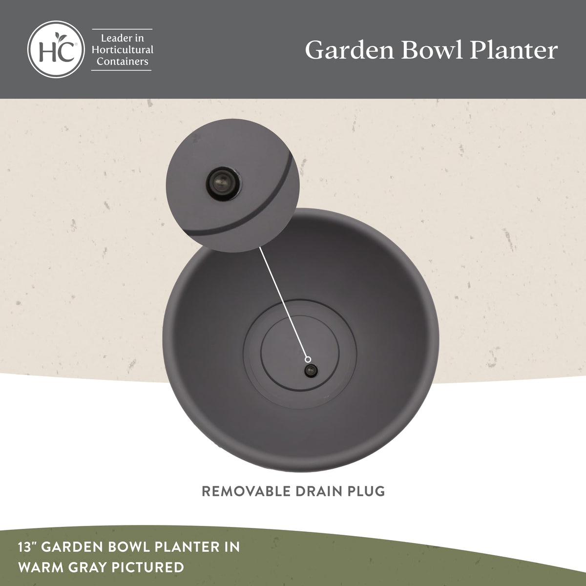 The HC Companies shallow planter with removable plug helps prevent overwatering.