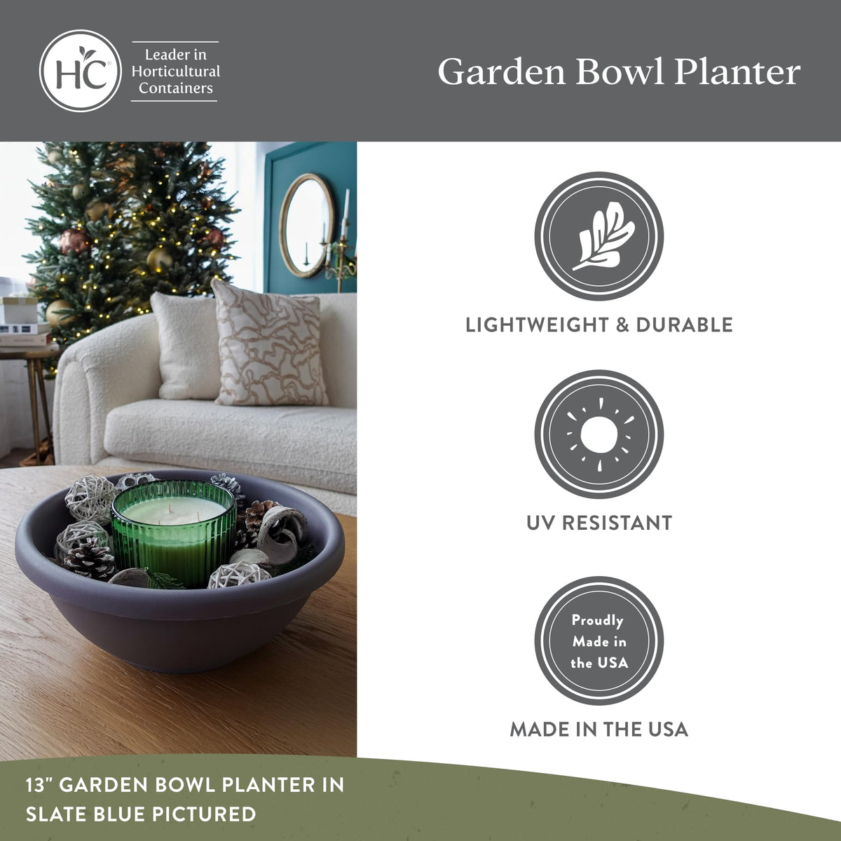 The HC Companies slate-blue shallow planter shows a durable, weather-resistant surface.