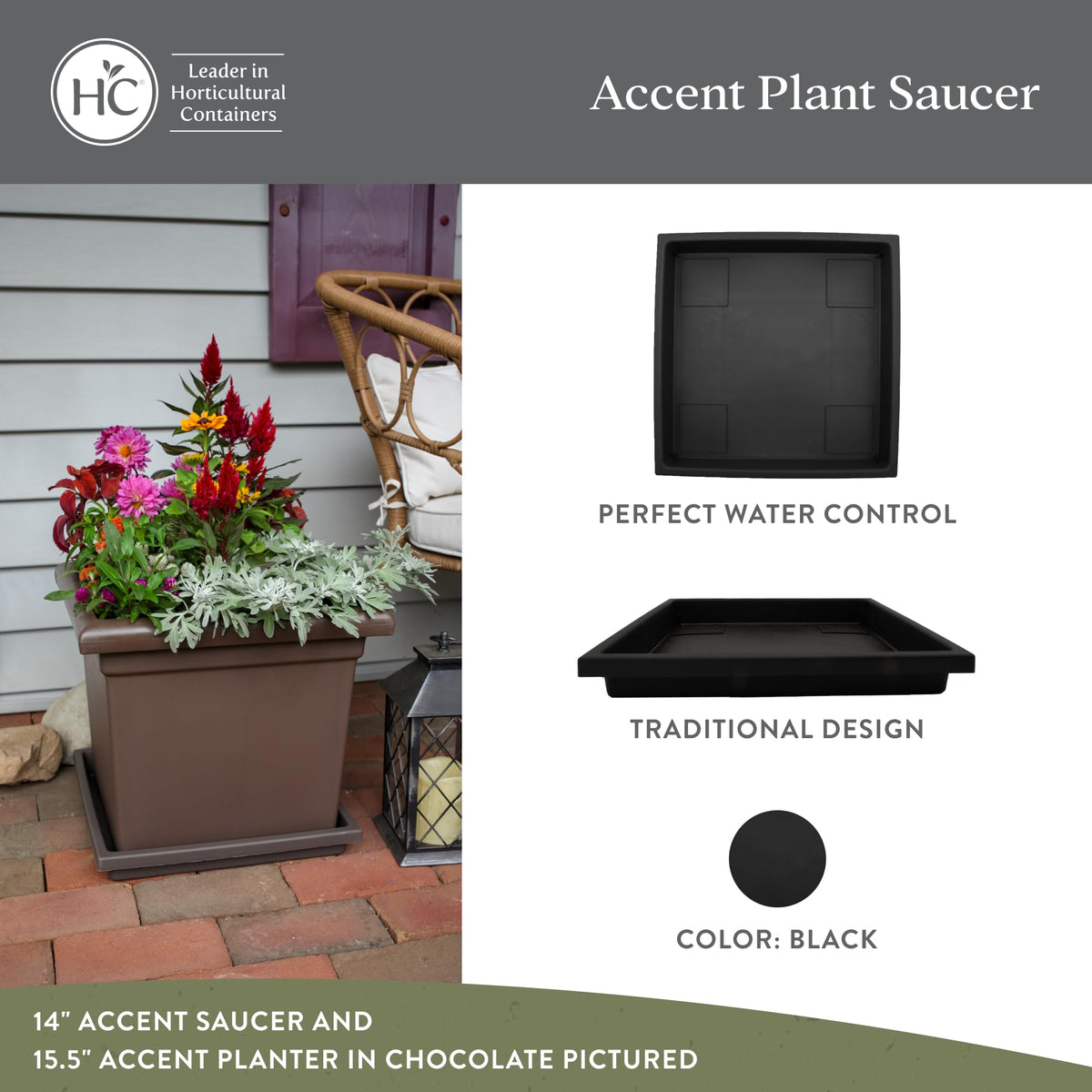 The HC Companies square plant saucer under-pot use to protect floors from water.
